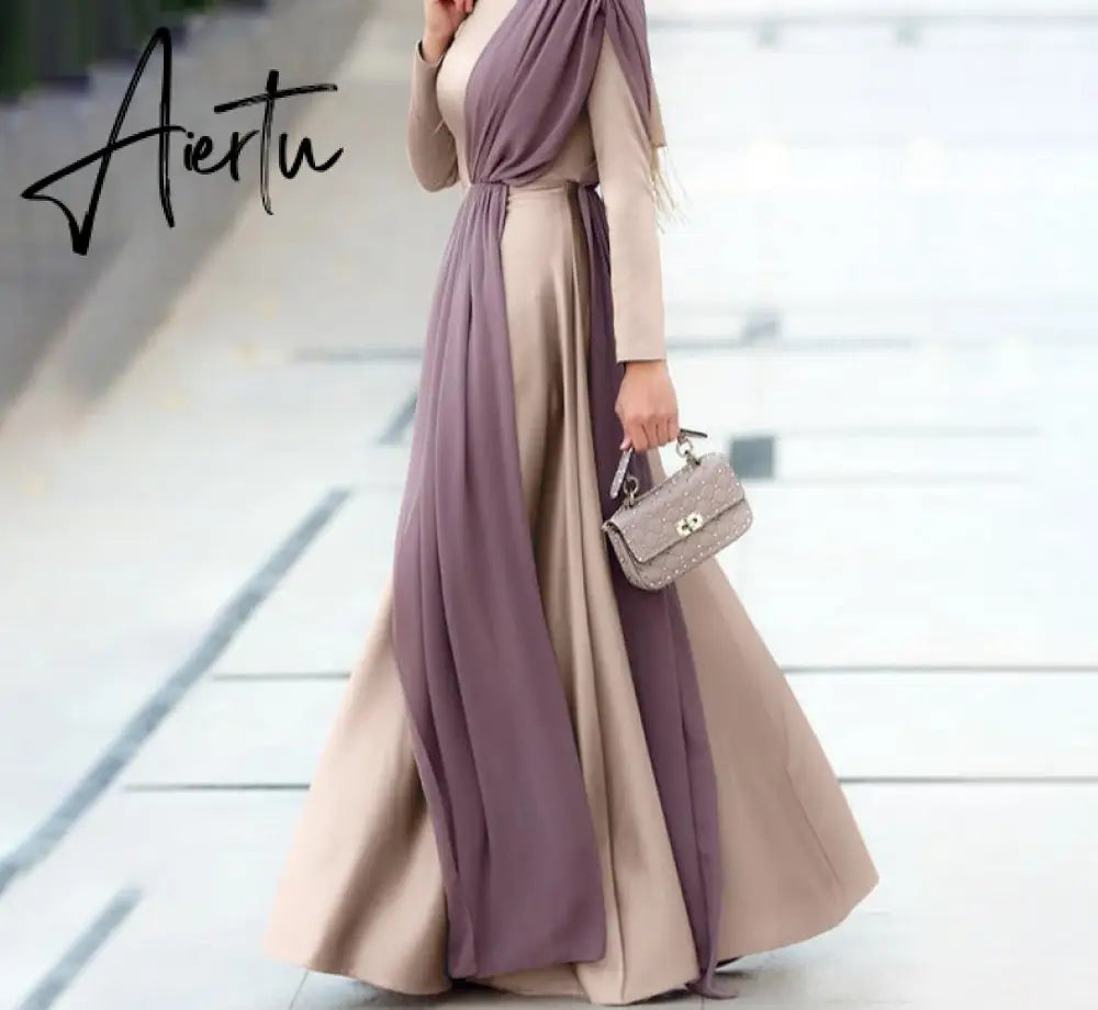 Aiertu Spring Fashion Solid Sundress Women Casual Long Sleeve O Neck Kaftan Elegant Party Hijab Dress Islamic Clothing Robe Aiertu