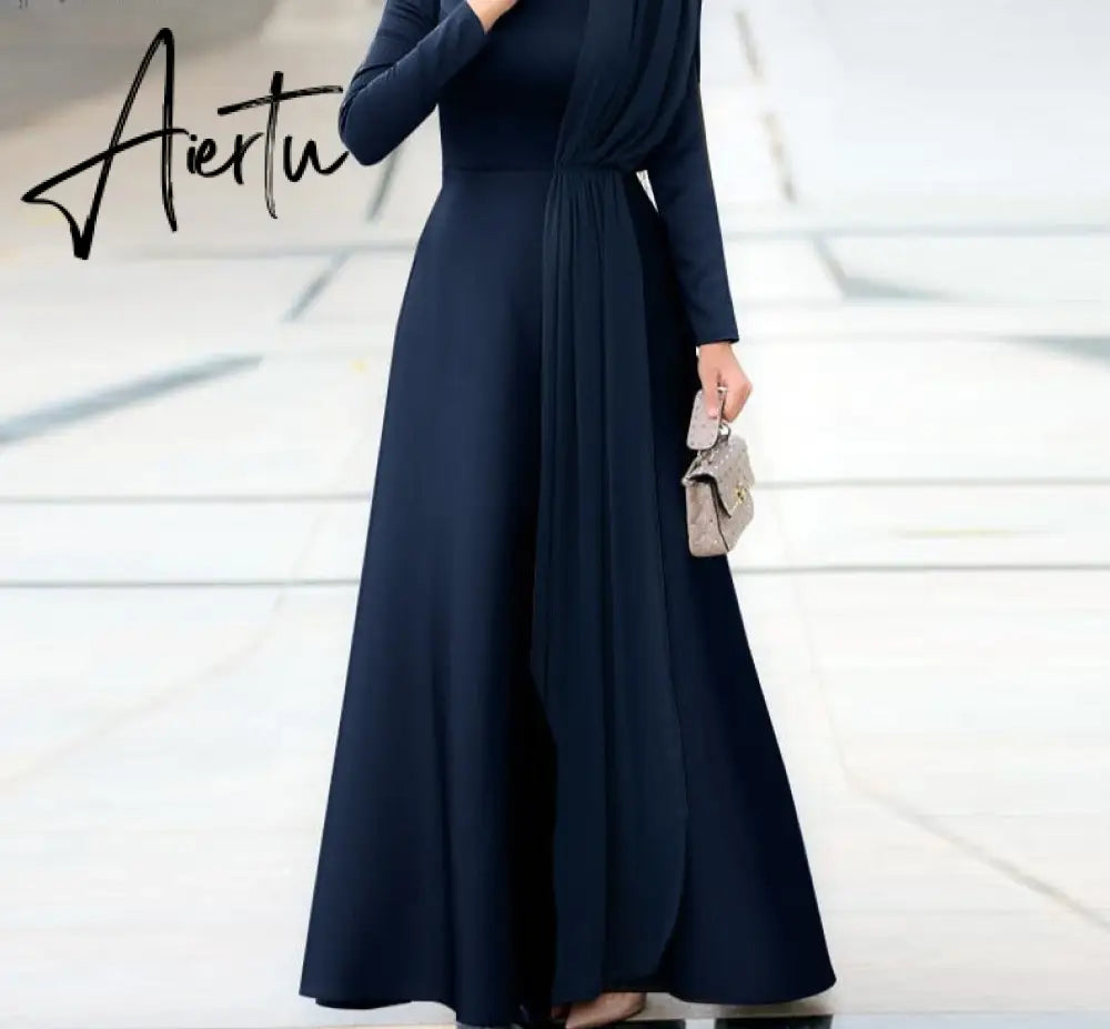 Aiertu Spring Fashion Solid Sundress Women Casual Long Sleeve O Neck Kaftan Elegant Party Hijab Dress Islamic Clothing Robe Aiertu