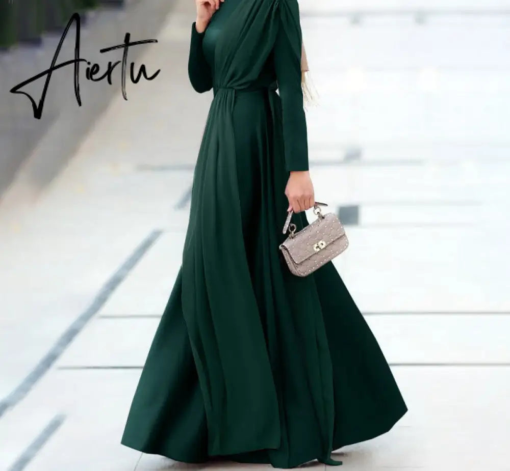 Aiertu Spring Fashion Solid Sundress Women Casual Long Sleeve O Neck Kaftan Elegant Party Hijab Dress Islamic Clothing Robe Aiertu