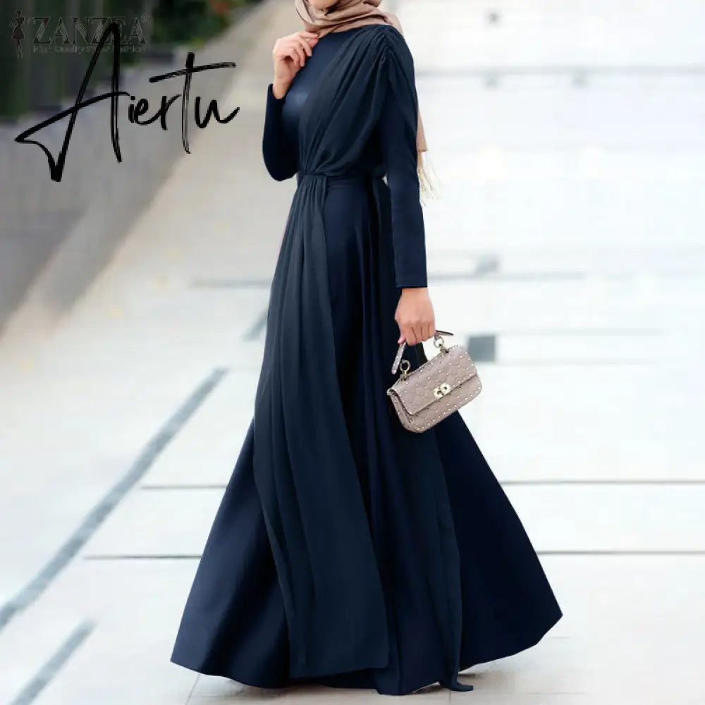 Aiertu Spring Fashion Solid Sundress Women Casual Long Sleeve O Neck Kaftan Elegant Party Hijab Dress Islamic Clothing Robe Aiertu