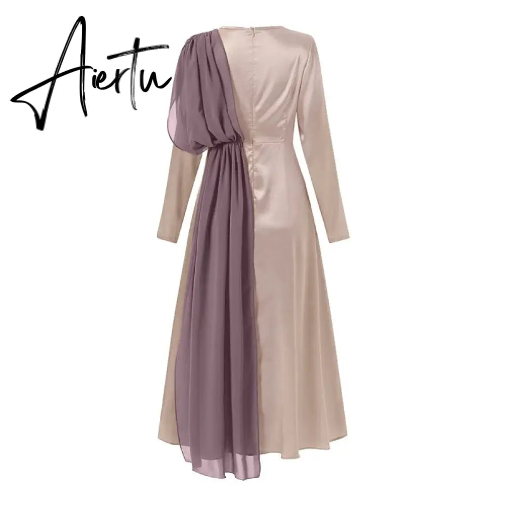 Aiertu Spring Fashion Solid Sundress Women Casual Long Sleeve O Neck Kaftan Elegant Party Hijab Dress Islamic Clothing Robe Aiertu