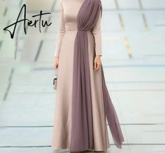 Aiertu Spring Fashion Solid Sundress Women Casual Long Sleeve O Neck Kaftan Elegant Party Hijab Dress Islamic Clothing Robe Aiertu