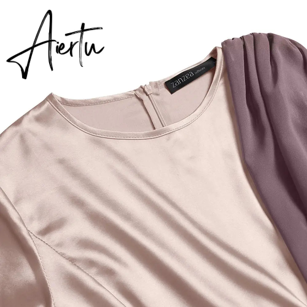 Aiertu Spring Fashion Solid Sundress Women Casual Long Sleeve O Neck Kaftan Elegant Party Hijab Dress Islamic Clothing Robe Aiertu