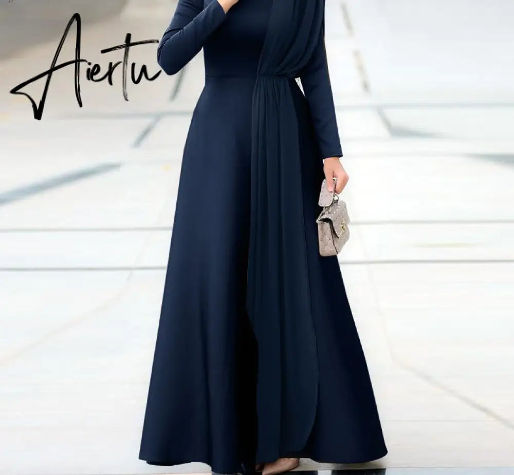 Aiertu Spring Fashion Solid Sundress Women Casual Long Sleeve O Neck Kaftan Elegant Party Hijab Dress Islamic Clothing Robe Aiertu