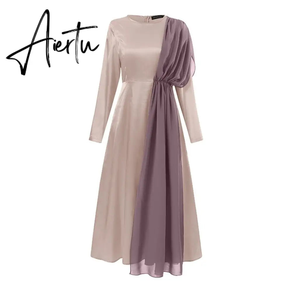Aiertu Spring Fashion Solid Sundress Women Casual Long Sleeve O Neck Kaftan Elegant Party Hijab Dress Islamic Clothing Robe Aiertu