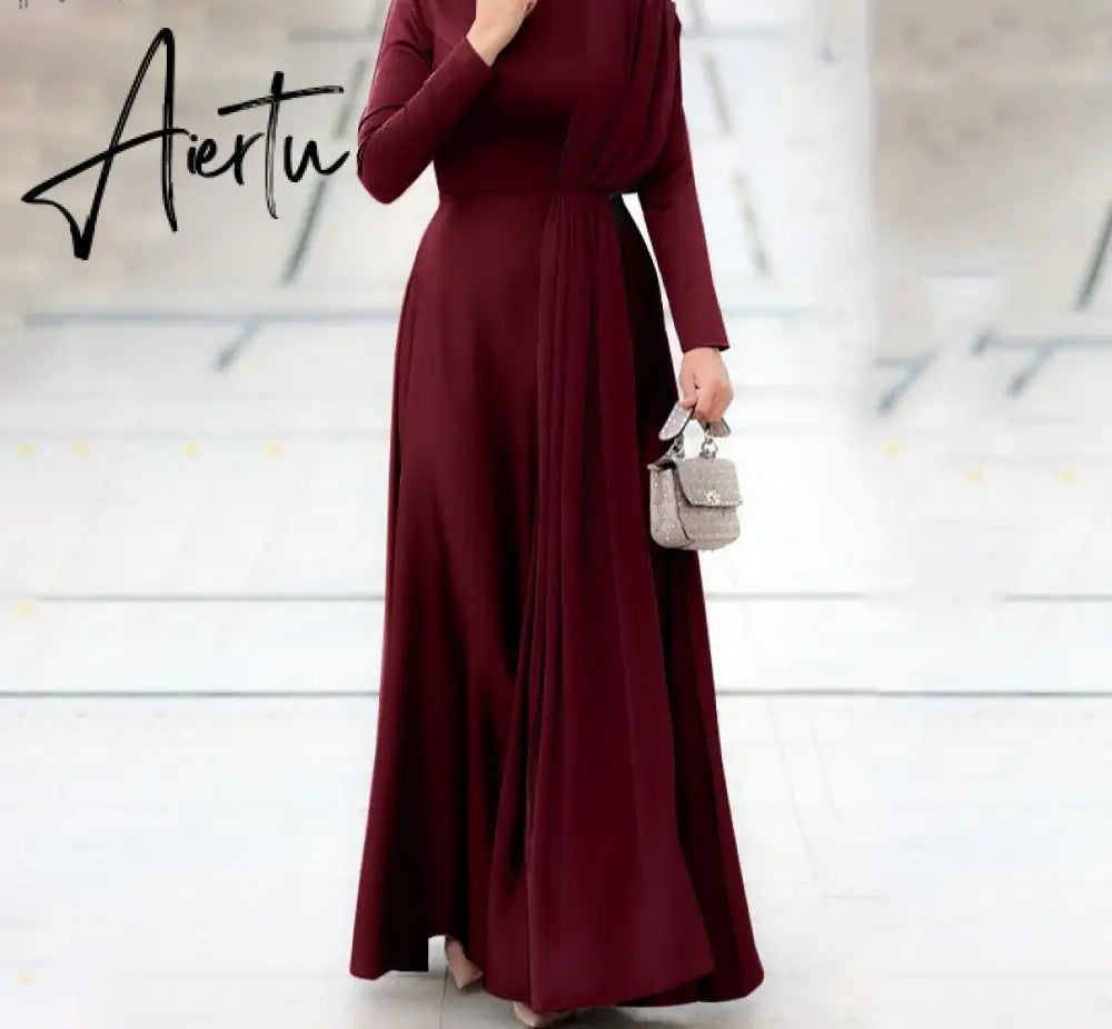 Aiertu Spring Fashion Solid Sundress Women Casual Long Sleeve O Neck Kaftan Elegant Party Hijab Dress Islamic Clothing Robe Aiertu