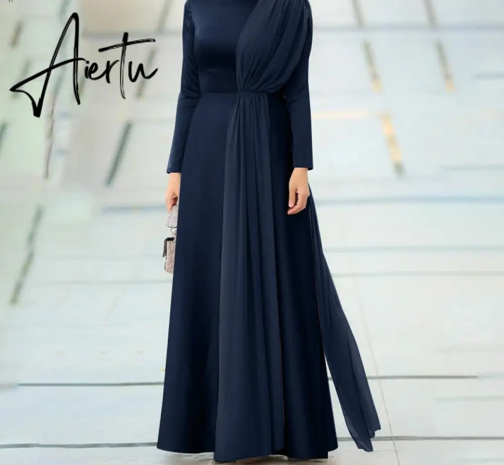 Aiertu Spring Fashion Solid Sundress Women Casual Long Sleeve O Neck Kaftan Elegant Party Hijab Dress Islamic Clothing Robe Aiertu