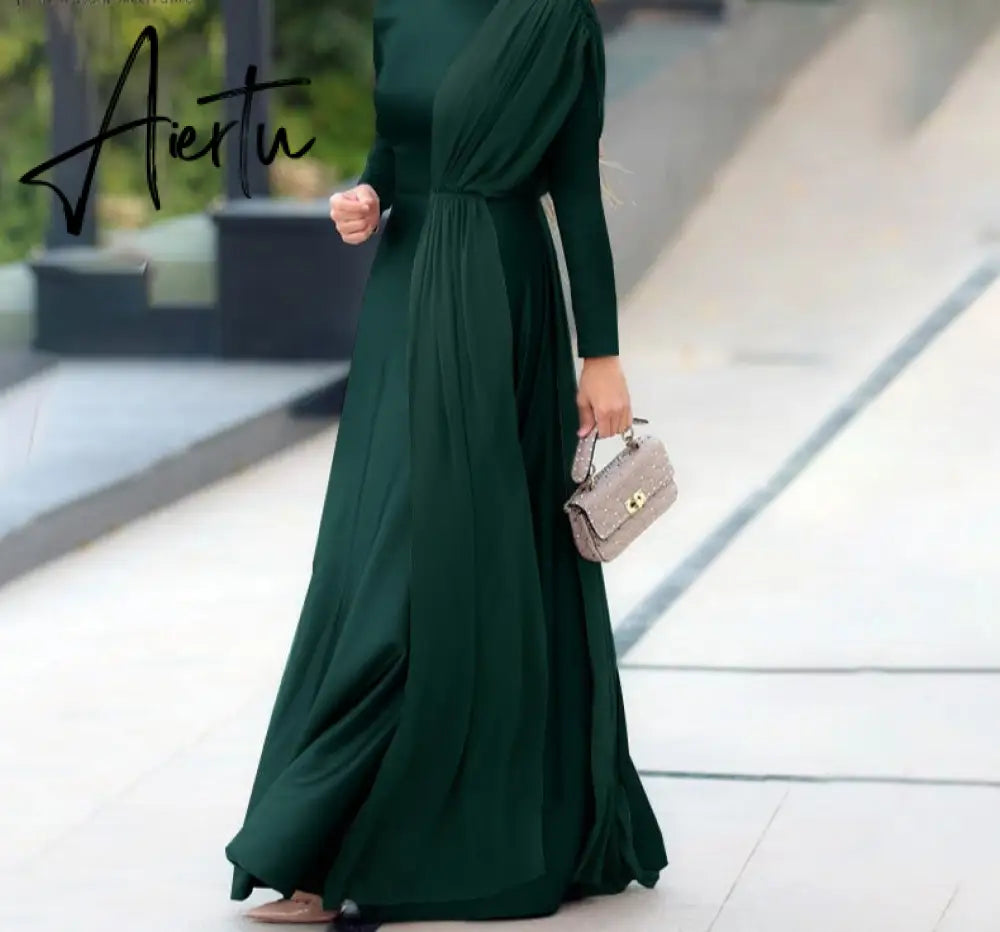 Aiertu Spring Fashion Solid Sundress Women Casual Long Sleeve O Neck Kaftan Elegant Party Hijab Dress Islamic Clothing Robe Aiertu