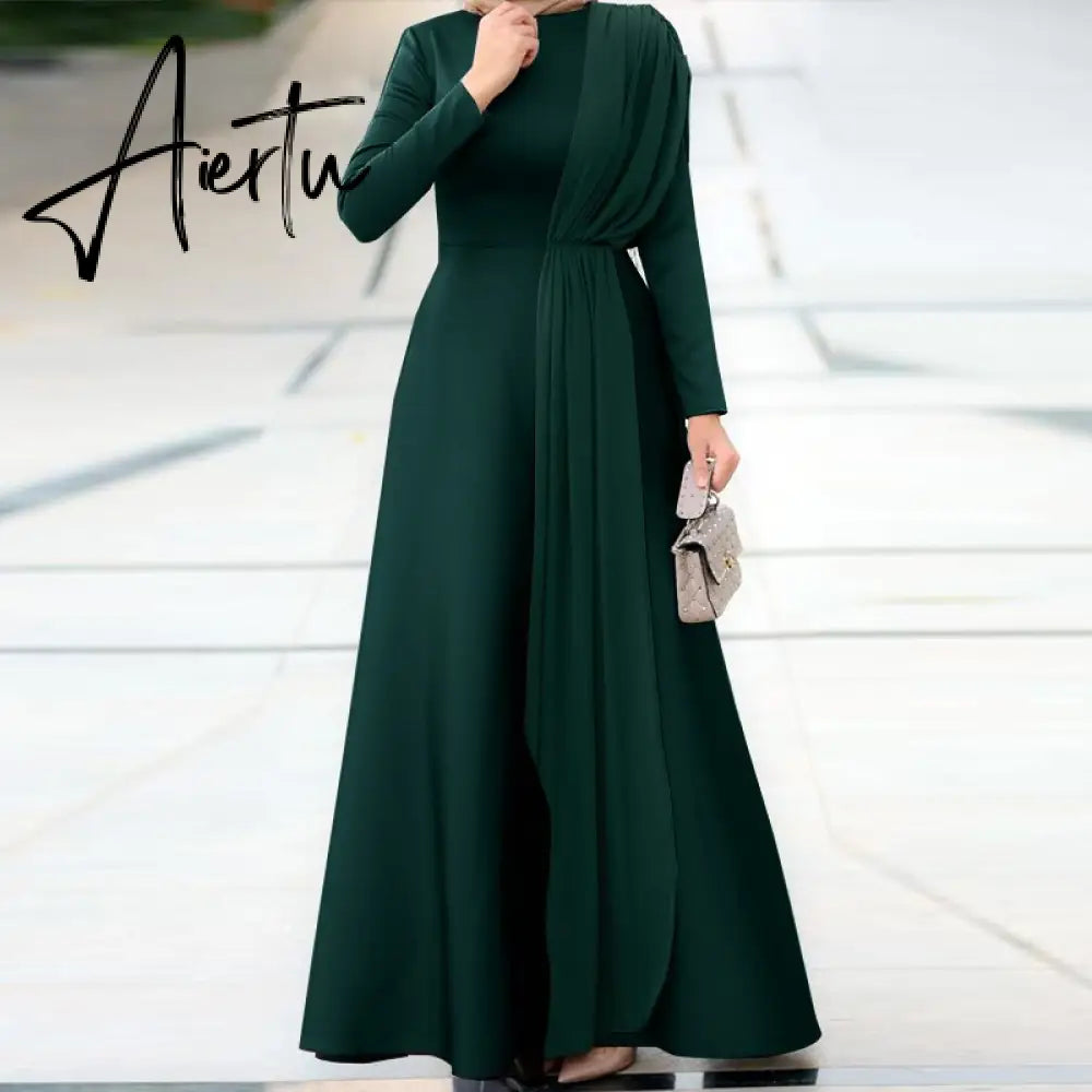 Aiertu Spring Fashion Solid Sundress Women Casual Long Sleeve O Neck Kaftan Elegant Party Hijab Dress Islamic Clothing Robe Aiertu