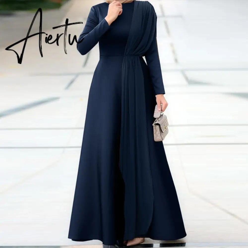 Aiertu Spring Fashion Solid Sundress Women Casual Long Sleeve O Neck Kaftan Elegant Party Hijab Dress Islamic Clothing Robe Aiertu
