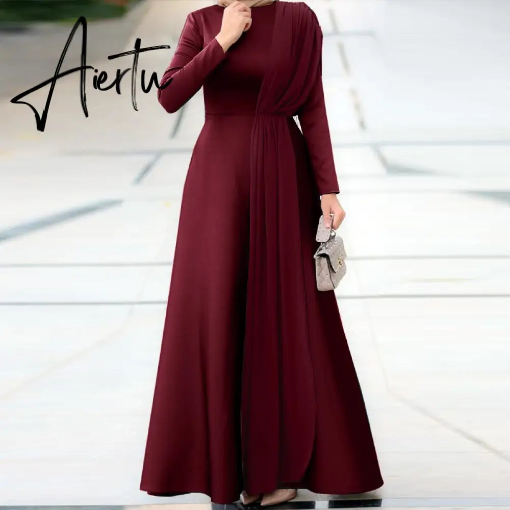 Aiertu Spring Fashion Solid Sundress Women Casual Long Sleeve O Neck Kaftan Elegant Party Hijab Dress Islamic Clothing Robe Aiertu