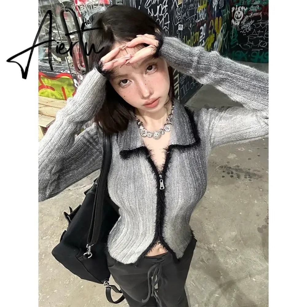 Aiertu  Spring Gothic Sweater Women Knitted Cardigan Patchwork Y2k Vintage Tops Streetwear Korean Style Fashion Casual Sweater Aiertu