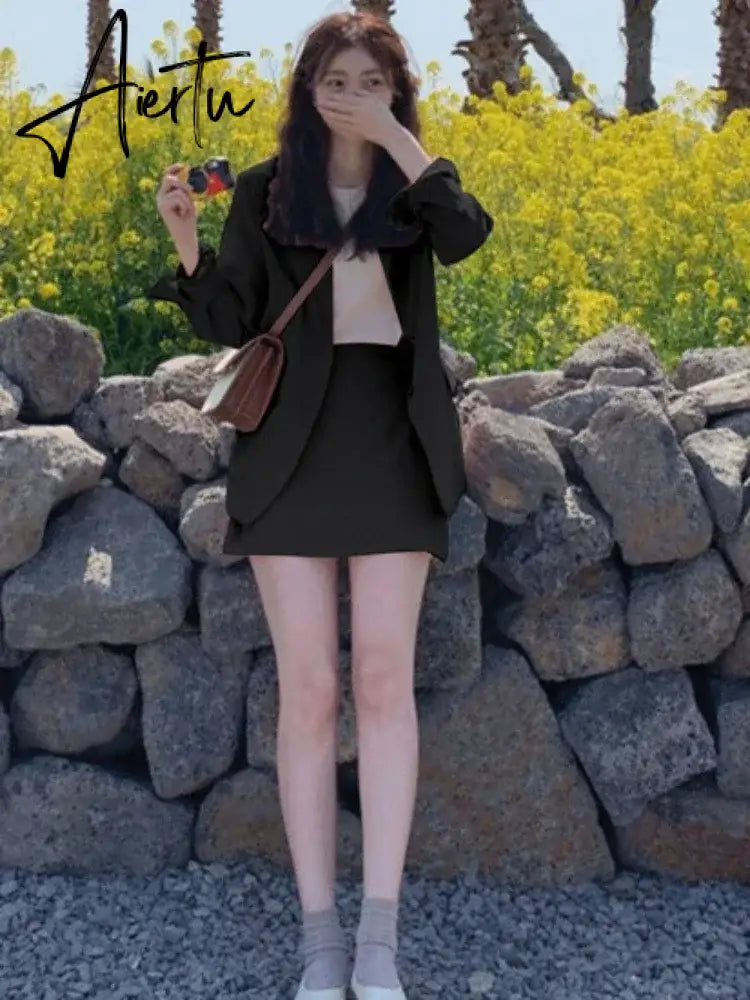 Aiertu Spring Korean Fashion Women's Pink Small Jacket Female Loose Suit New Small Blazer Skirt Two Peice Sets Women Blazer  Dress Aiertu