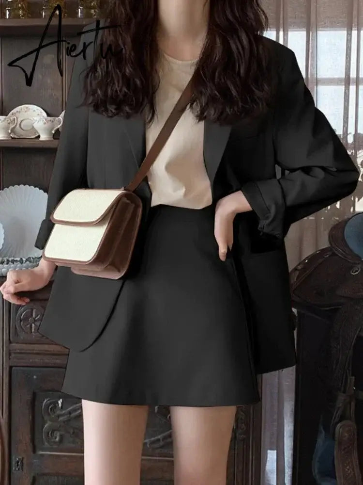 Aiertu Spring Korean Fashion Women's Pink Small Jacket Female Loose Suit New Small Blazer Skirt Two Peice Sets Women Blazer  Dress Aiertu