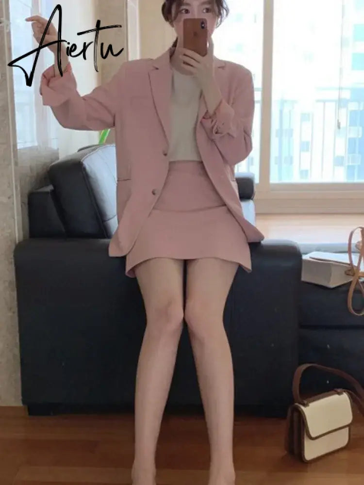 Aiertu Spring Korean Fashion Women's Pink Small Jacket Female Loose Suit New Small Blazer Skirt Two Peice Sets Women Blazer  Dress Aiertu