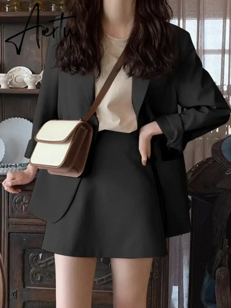 Aiertu Spring Korean Fashion Women's Pink Small Jacket Female Loose Suit New Small Blazer Skirt Two Peice Sets Women Blazer  Dress Aiertu