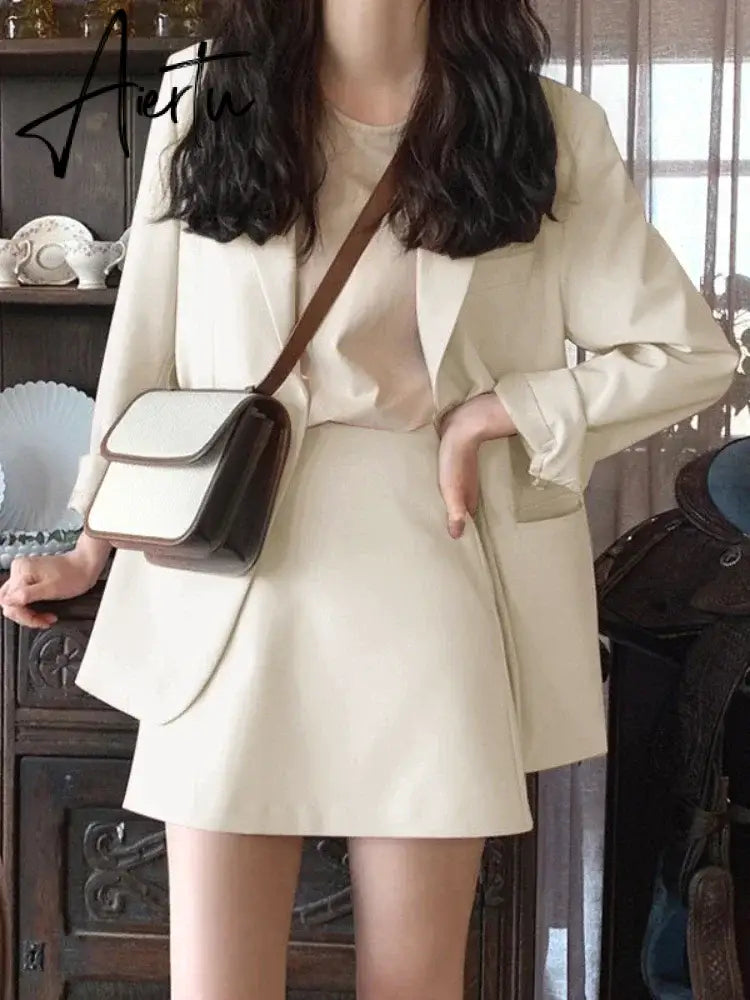 Aiertu Spring Korean Fashion Women's Pink Small Jacket Female Loose Suit New Small Blazer Skirt Two Peice Sets Women Blazer  Dress Aiertu