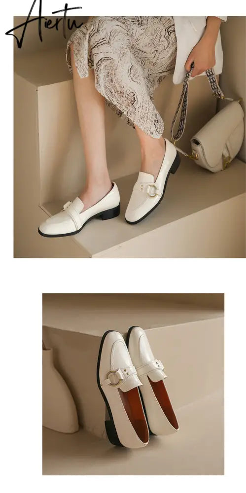 Aiertu   Spring New Genuine Leather Women Shoes Fashion Retro Slip-On Loafers Shoes Square Toe Shoes Woman Zapatos De Mujer Flats Aiertu