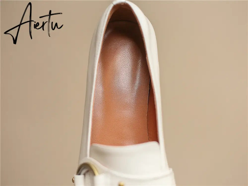 Aiertu   Spring New Genuine Leather Women Shoes Fashion Retro Slip-On Loafers Shoes Square Toe Shoes Woman Zapatos De Mujer Flats Aiertu