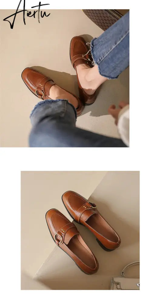 Aiertu   Spring New Genuine Leather Women Shoes Fashion Retro Slip-On Loafers Shoes Square Toe Shoes Woman Zapatos De Mujer Flats Aiertu