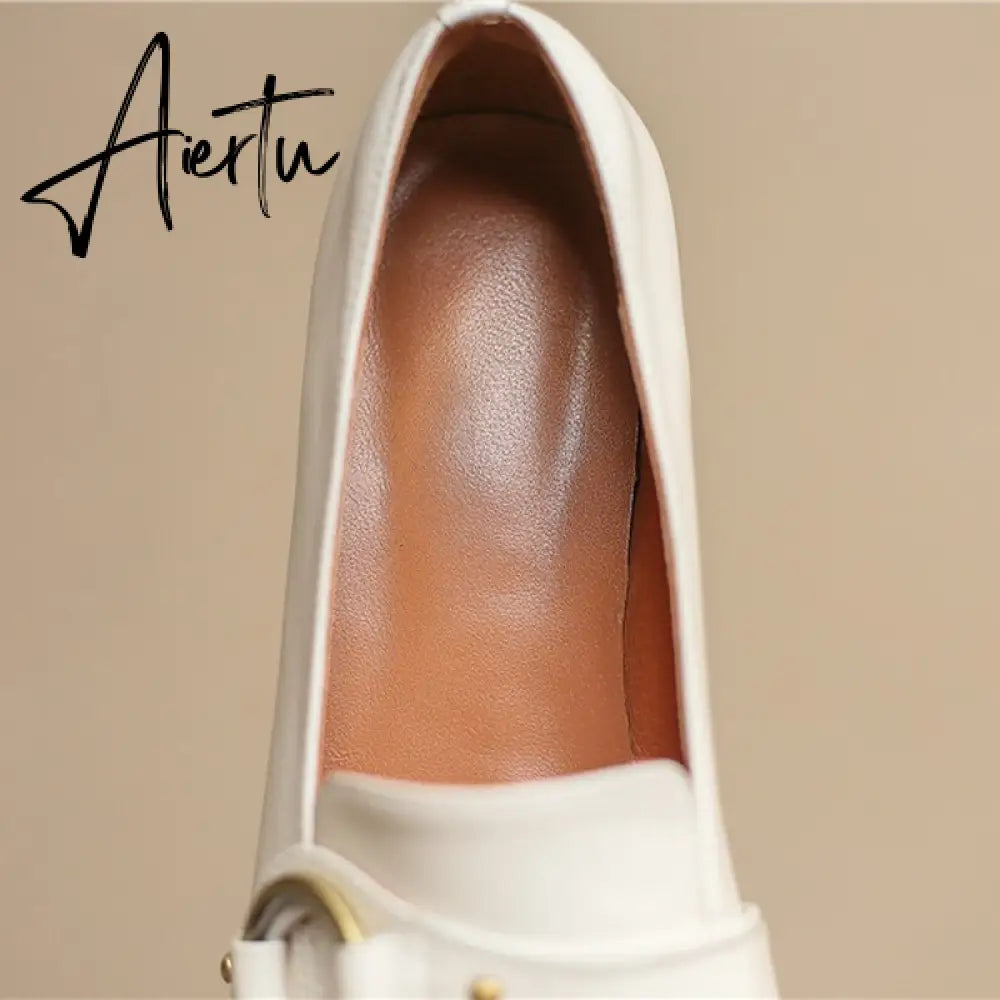Aiertu   Spring New Genuine Leather Women Shoes Fashion Retro Slip-On Loafers Shoes Square Toe Shoes Woman Zapatos De Mujer Flats Aiertu