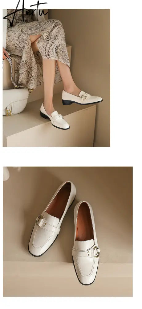 Aiertu   Spring New Genuine Leather Women Shoes Fashion Retro Slip-On Loafers Shoes Square Toe Shoes Woman Zapatos De Mujer Flats Aiertu