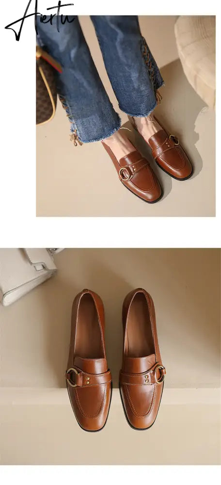 Aiertu   Spring New Genuine Leather Women Shoes Fashion Retro Slip-On Loafers Shoes Square Toe Shoes Woman Zapatos De Mujer Flats Aiertu