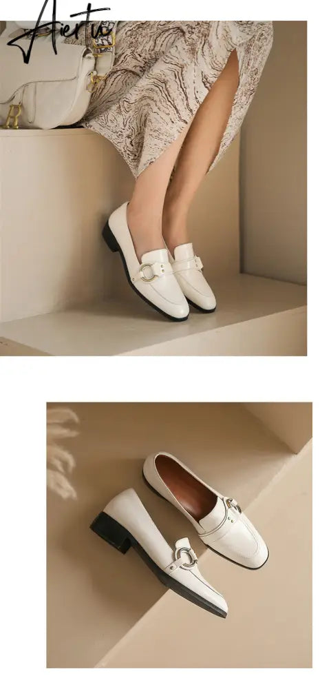 Aiertu   Spring New Genuine Leather Women Shoes Fashion Retro Slip-On Loafers Shoes Square Toe Shoes Woman Zapatos De Mujer Flats Aiertu