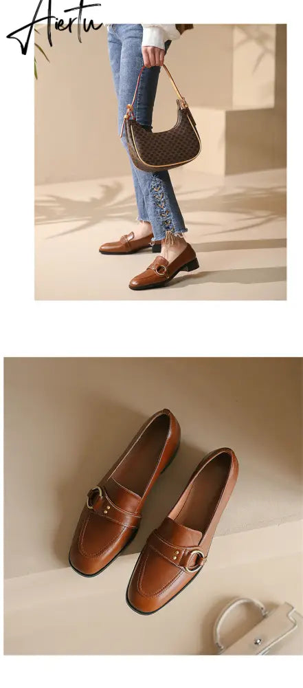 Aiertu   Spring New Genuine Leather Women Shoes Fashion Retro Slip-On Loafers Shoes Square Toe Shoes Woman Zapatos De Mujer Flats Aiertu