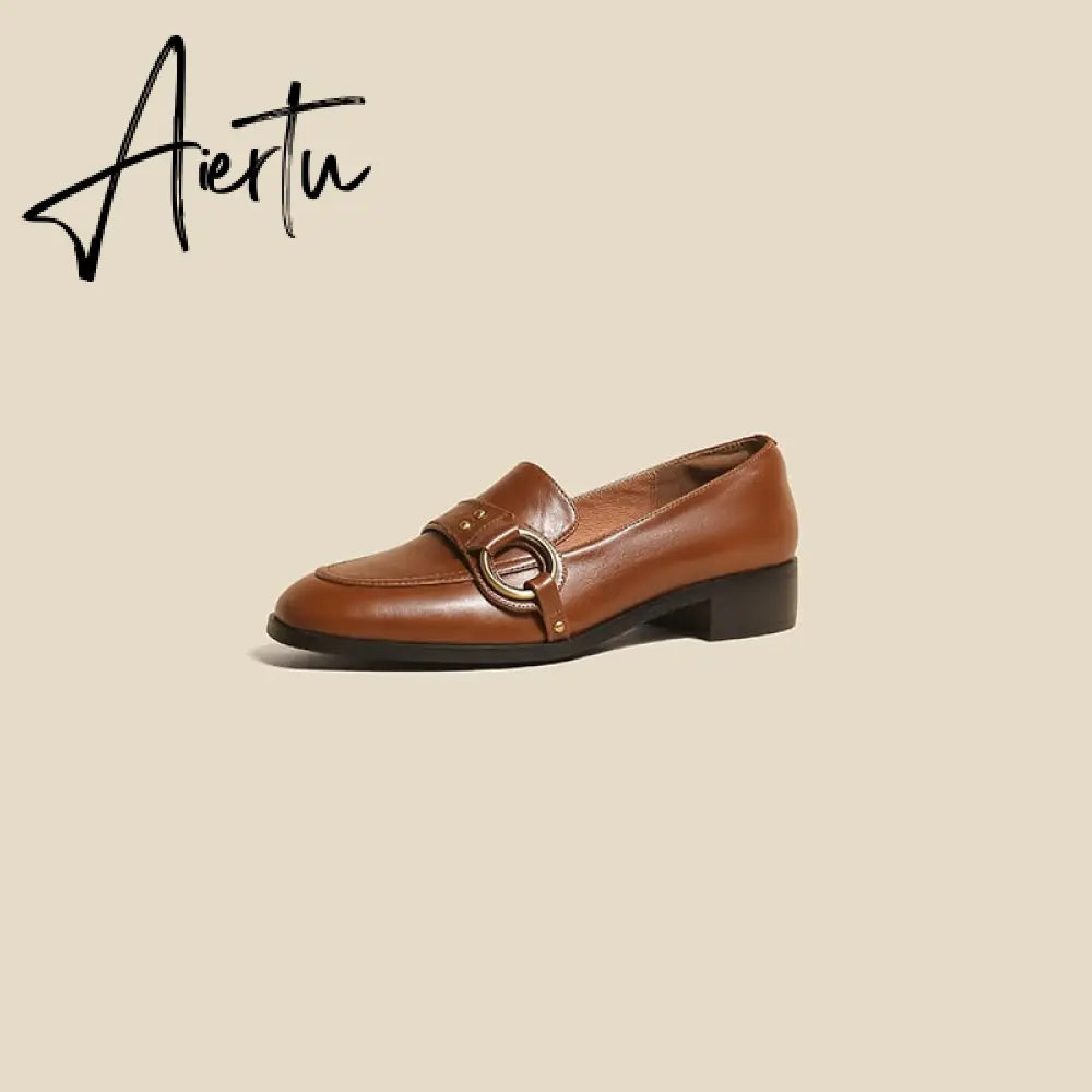 Aiertu   Spring New Genuine Leather Women Shoes Fashion Retro Slip-On Loafers Shoes Square Toe Shoes Woman Zapatos De Mujer Flats Aiertu
