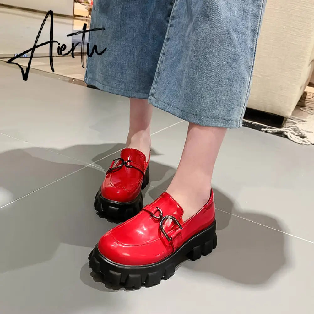 Aiertu Spring New Slip ons Shallow Shoes Women Metal Chain Buckle Platform Chunky Heels Casual Shoes Loafers 33-46 sapato feminino Aiertu