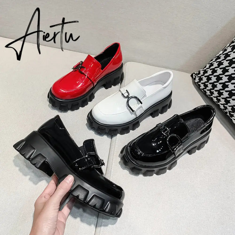 Aiertu Spring New Slip ons Shallow Shoes Women Metal Chain Buckle Platform Chunky Heels Casual Shoes Loafers 33-46 sapato feminino Aiertu