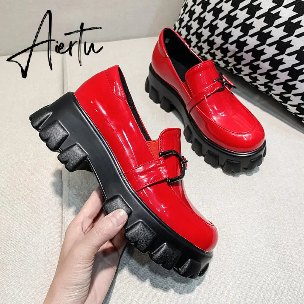 Aiertu Spring New Slip ons Shallow Shoes Women Metal Chain Buckle Platform Chunky Heels Casual Shoes Loafers 33-46 sapato feminino Aiertu