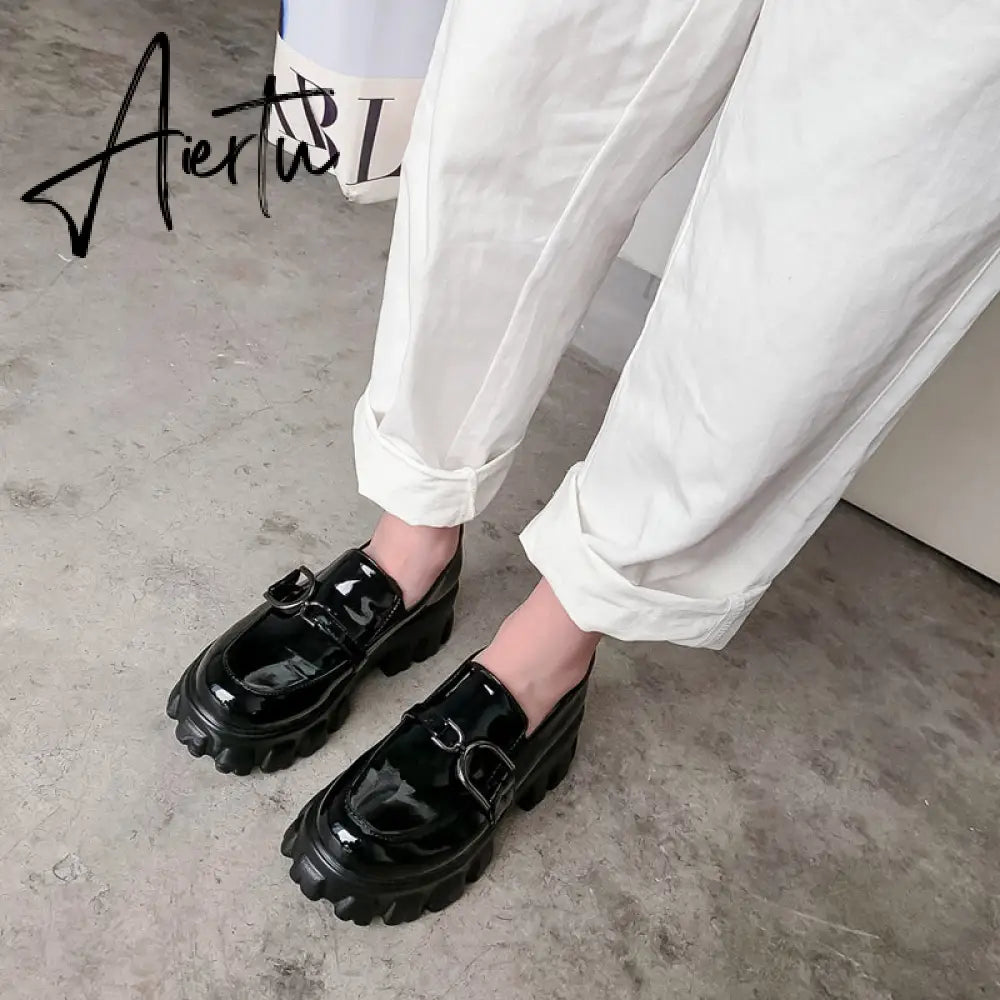Aiertu Spring New Slip ons Shallow Shoes Women Metal Chain Buckle Platform Chunky Heels Casual Shoes Loafers 33-46 sapato feminino Aiertu