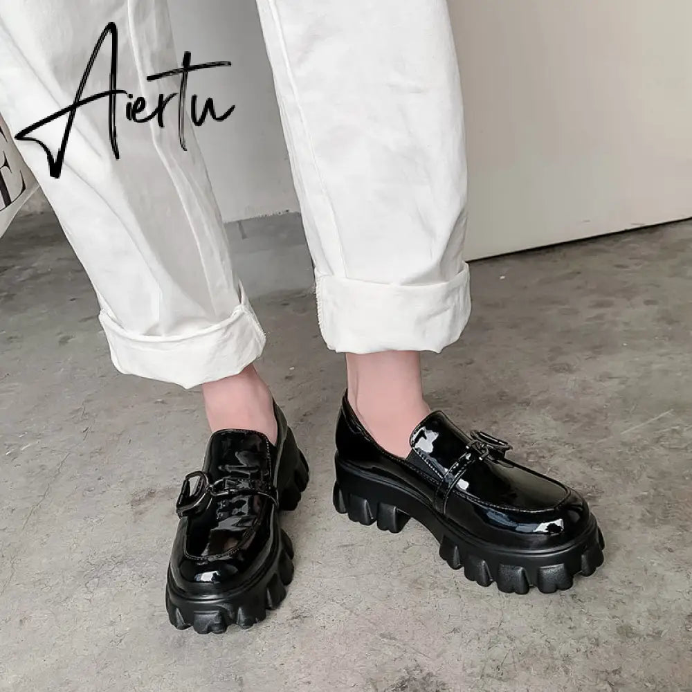 Aiertu Spring New Slip ons Shallow Shoes Women Metal Chain Buckle Platform Chunky Heels Casual Shoes Loafers 33-46 sapato feminino Aiertu