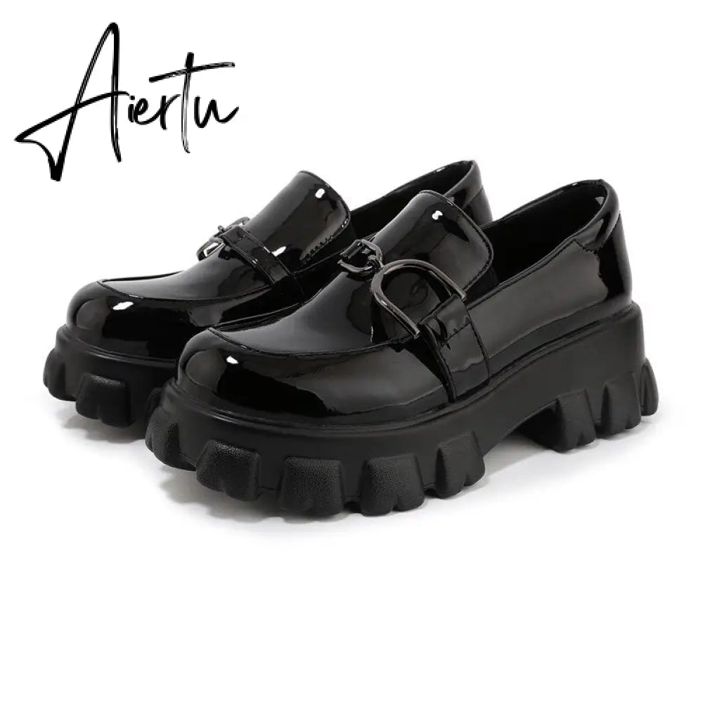 Aiertu Spring New Slip ons Shallow Shoes Women Metal Chain Buckle Platform Chunky Heels Casual Shoes Loafers 33-46 sapato feminino Aiertu