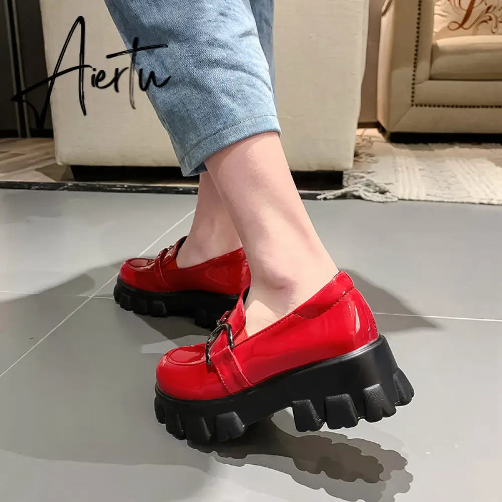 Aiertu Spring New Slip ons Shallow Shoes Women Metal Chain Buckle Platform Chunky Heels Casual Shoes Loafers 33-46 sapato feminino Aiertu