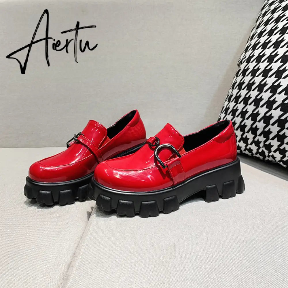 Aiertu Spring New Slip ons Shallow Shoes Women Metal Chain Buckle Platform Chunky Heels Casual Shoes Loafers 33-46 sapato feminino Aiertu