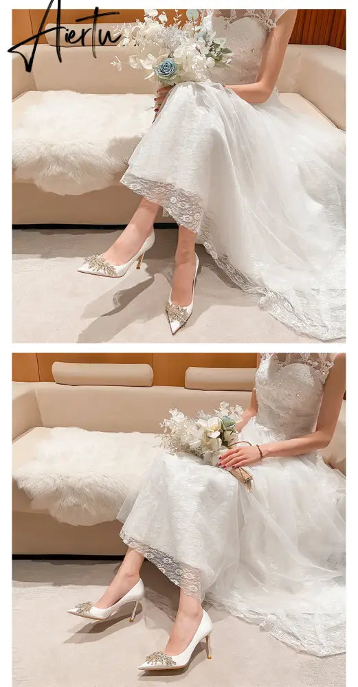 Aiertu Spring New White Women Bridal Wedding Shoes Faux Silk Satin Rhinestone Crystal Shallow Pumps Stiletto High Heel T Aiertu