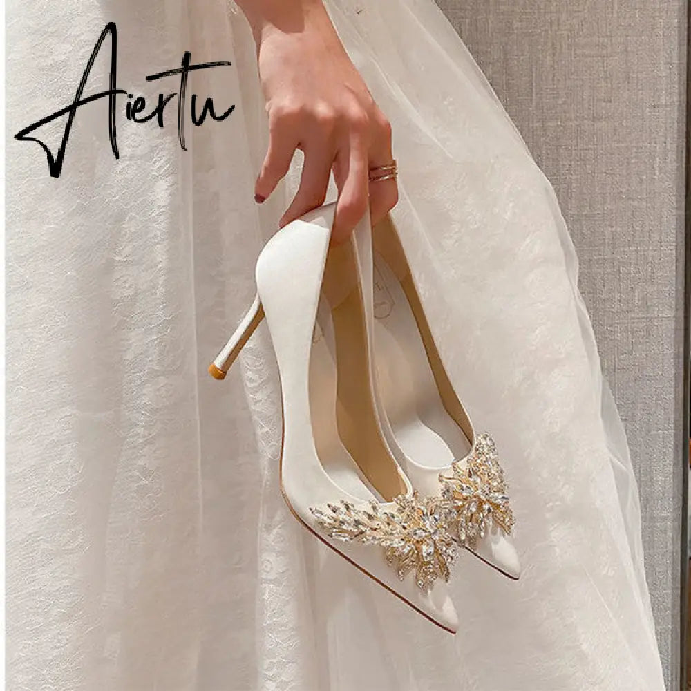 Aiertu Spring New White Women Bridal Wedding Shoes Faux Silk Satin Rhinestone Crystal Shallow Pumps Stiletto High Heel T Aiertu