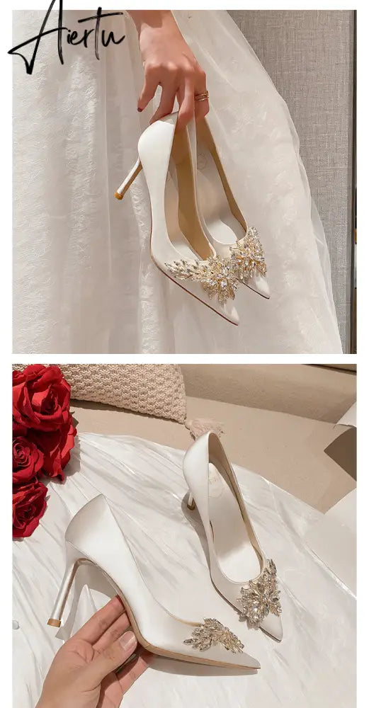 Aiertu Spring New White Women Bridal Wedding Shoes Faux Silk Satin Rhinestone Crystal Shallow Pumps Stiletto High Heel T Aiertu