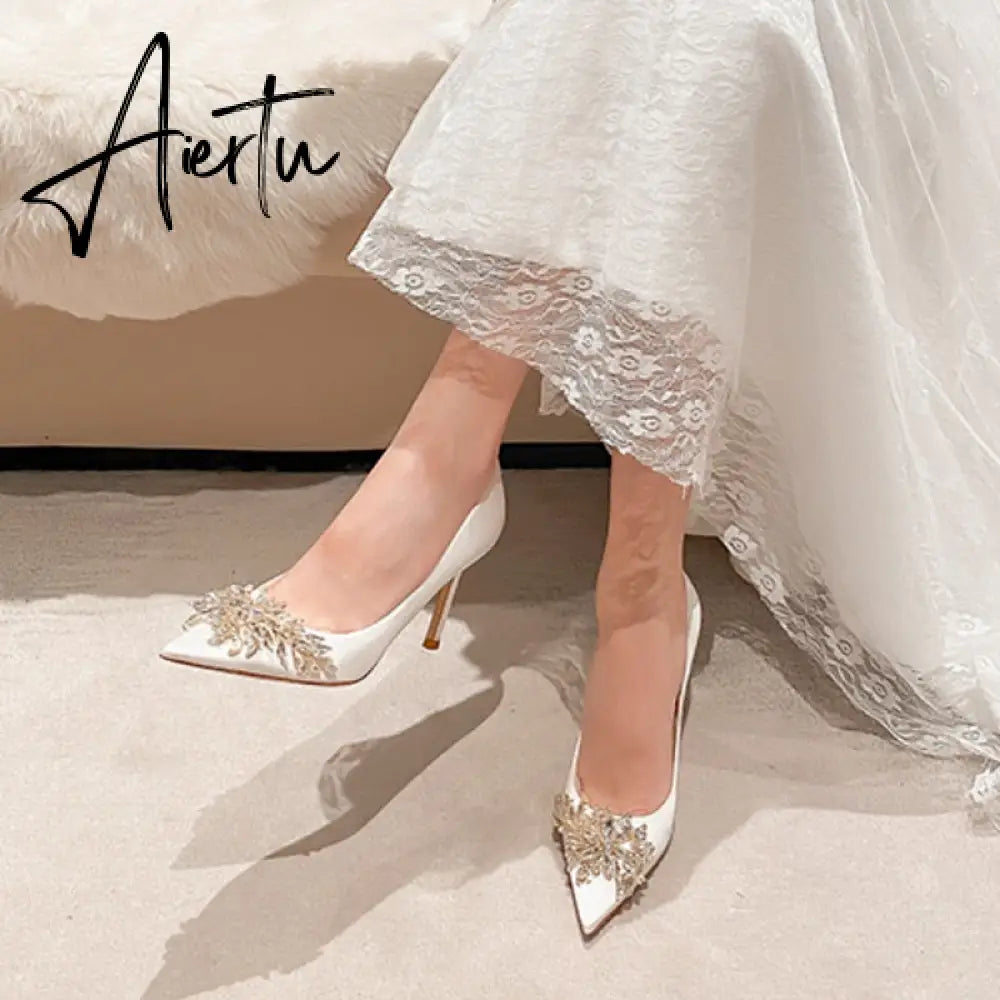 Aiertu Spring New White Women Bridal Wedding Shoes Faux Silk Satin Rhinestone Crystal Shallow Pumps Stiletto High Heel T Aiertu