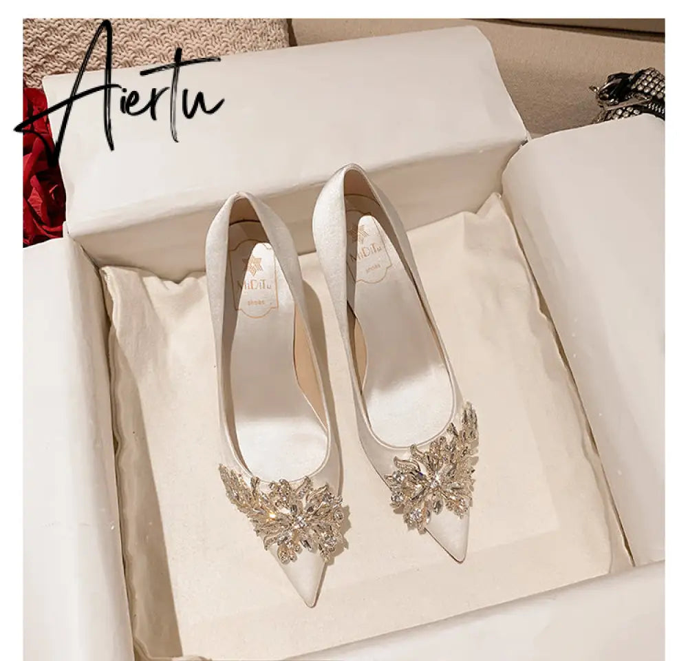 Aiertu Spring New White Women Bridal Wedding Shoes Faux Silk Satin Rhinestone Crystal Shallow Pumps Stiletto High Heel T Aiertu