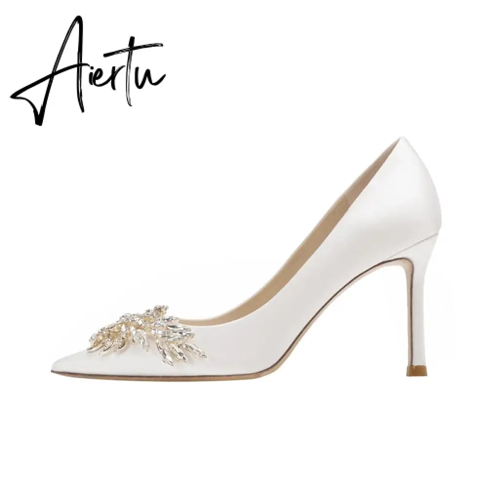 Aiertu Spring New White Women Bridal Wedding Shoes Faux Silk Satin Rhinestone Crystal Shallow Pumps Stiletto High Heel T Aiertu