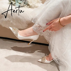 Aiertu Spring New White Women Bridal Wedding Shoes Faux Silk Satin Rhinestone Crystal Shallow Pumps Stiletto High Heel T Aiertu