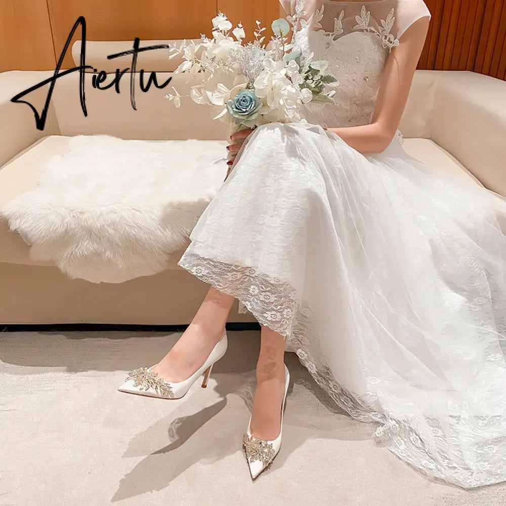 Aiertu Spring New White Women Bridal Wedding Shoes Faux Silk Satin Rhinestone Crystal Shallow Pumps Stiletto High Heel T Aiertu