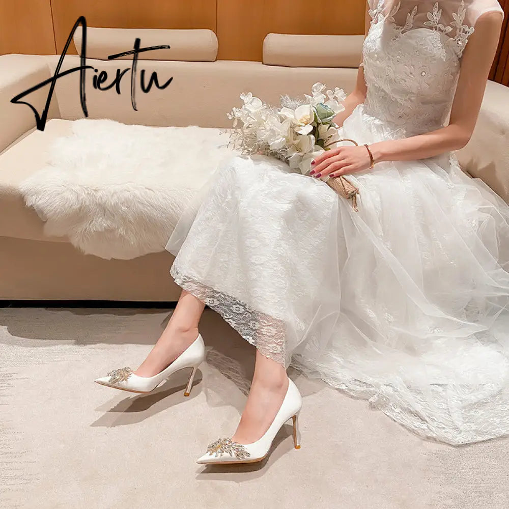 Aiertu Spring New White Women Bridal Wedding Shoes Faux Silk Satin Rhinestone Crystal Shallow Pumps Stiletto High Heel T Aiertu