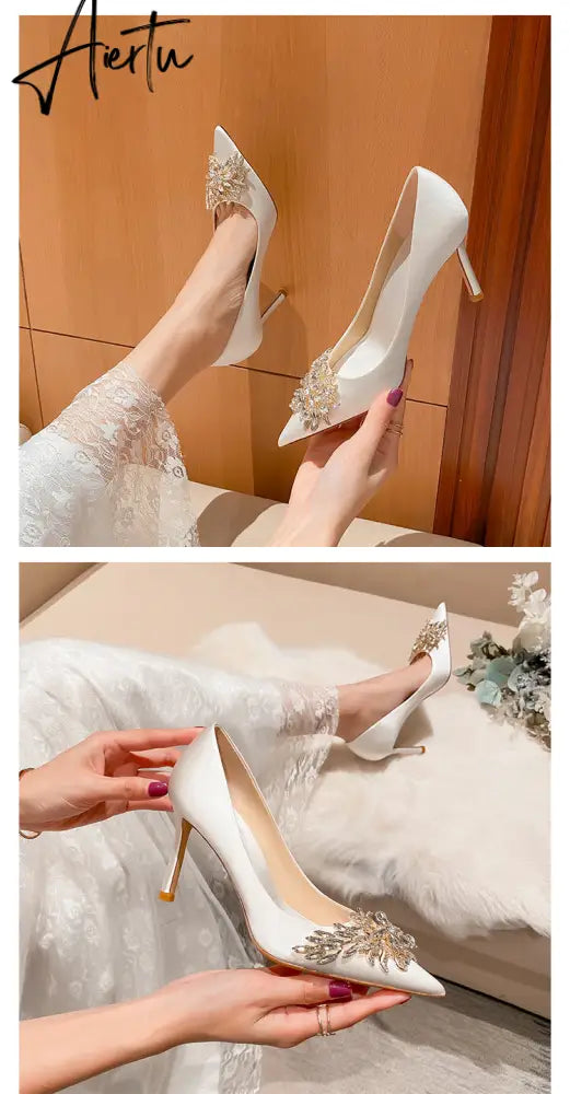 Aiertu Spring New White Women Bridal Wedding Shoes Faux Silk Satin Rhinestone Crystal Shallow Pumps Stiletto High Heel T Aiertu