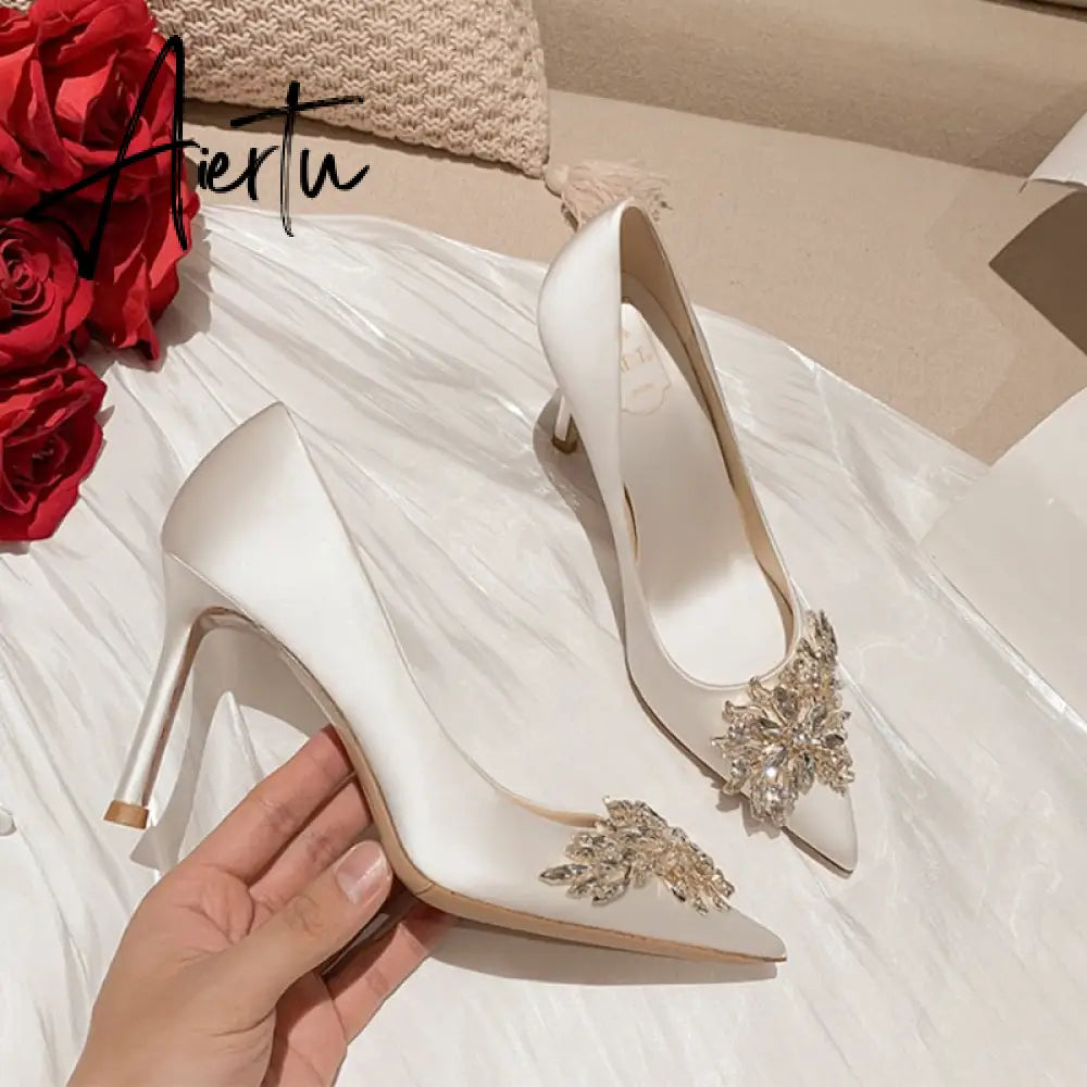 Aiertu Spring New White Women Bridal Wedding Shoes Faux Silk Satin Rhinestone Crystal Shallow Pumps Stiletto High Heel T Aiertu