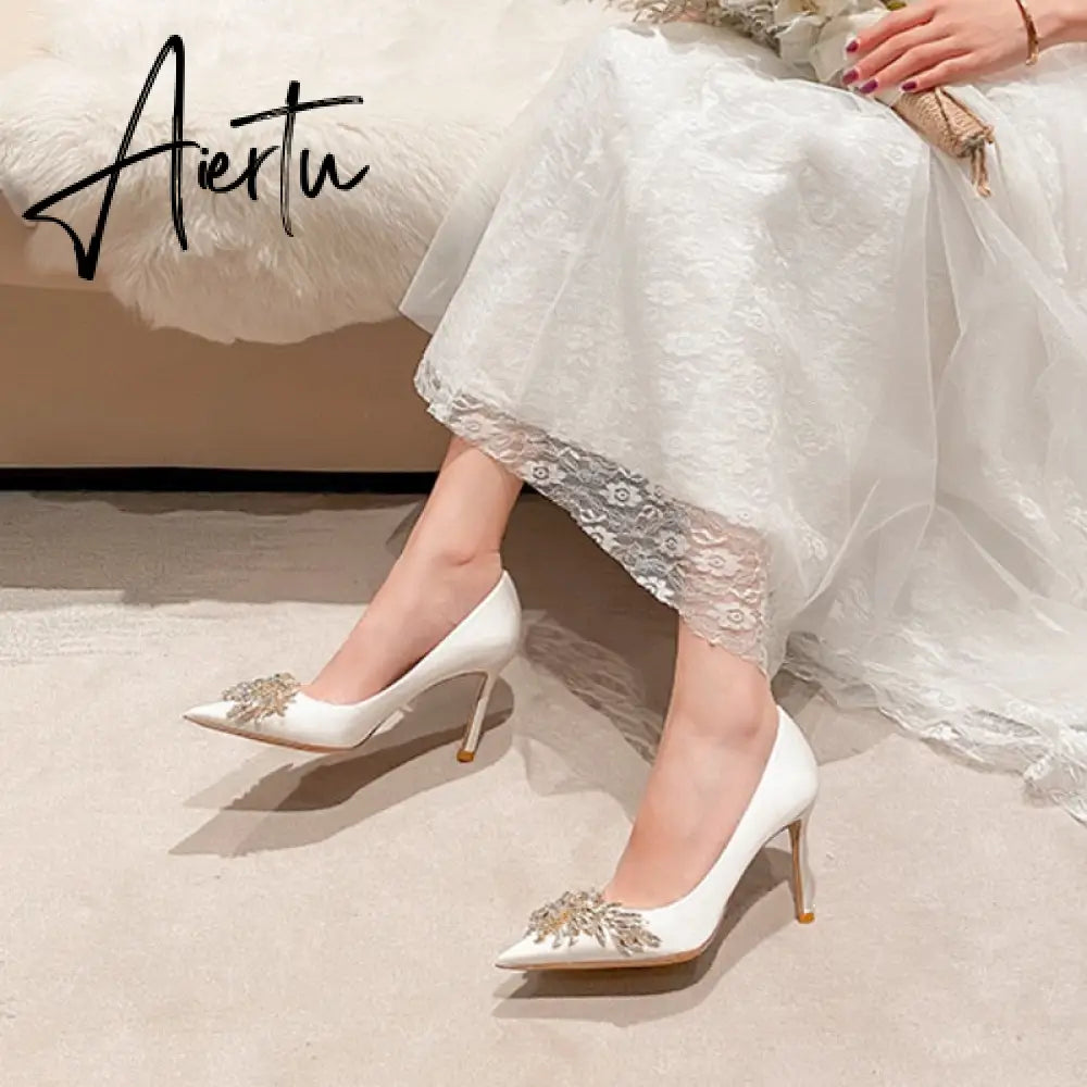 Aiertu Spring New White Women Bridal Wedding Shoes Faux Silk Satin Rhinestone Crystal Shallow Pumps Stiletto High Heel T Aiertu